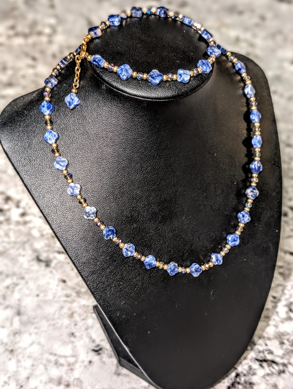 Handmade Sodalite Stones Necklace and Bracelet Set with Golden Accents
